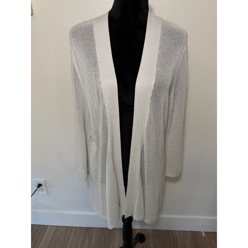 Calvin Klein Light Gray Mesh Cardigan L Silver Metallic Threads